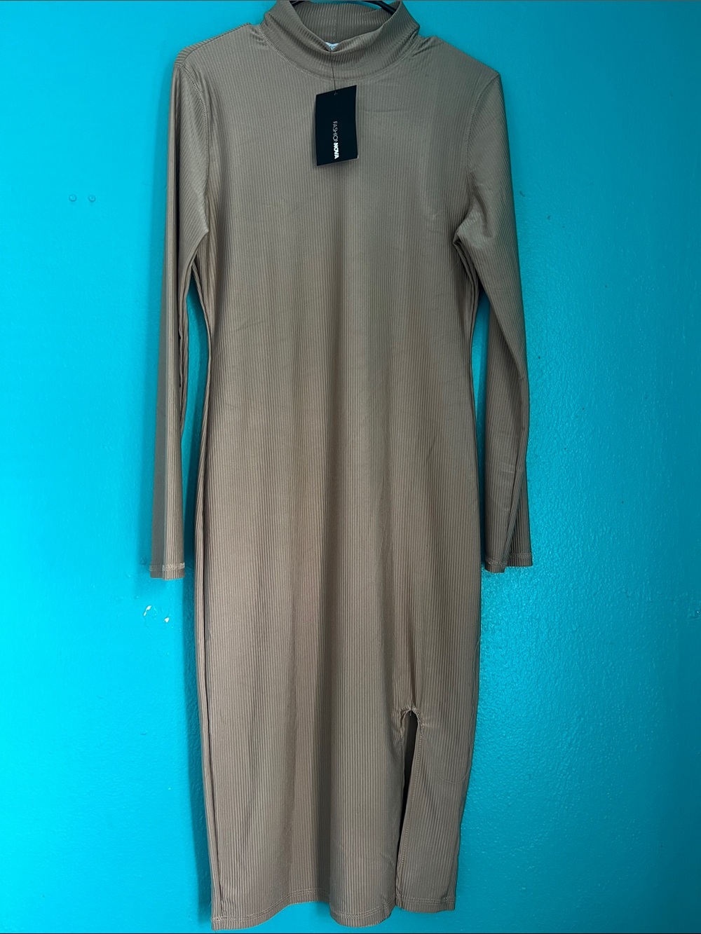 Fashion Nova Taupe Ribbed Long-Sleeve Turtleneck Midi Dress